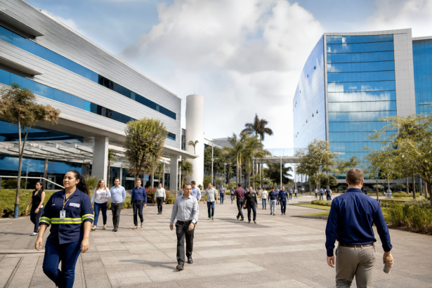 Trabalhadores circulam em área empresarial de São José dos Campos, no interior de São Paulo